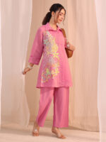 Pink Floral Embroidered Chanderi Cotton Cord Set