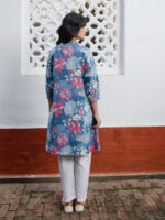 Blue Cotton Floral A-Line Short Kurti - Image 3