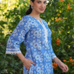 Blue Pure Cotton Floral Printed Straight Cord Set - Style 01113