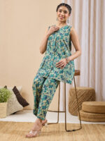 Light Green Pure Cotton Floral Printed A-Line Cord Set