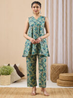 Light Green Pure Cotton Floral Printed A-Line Cord Set - Image 2