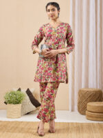 Mint Color Cotton Floral Printed A-Line Cord Set - Image 2