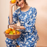 Blue Pure Cotton Floral Printed Straight Cord Set - Style 03537
