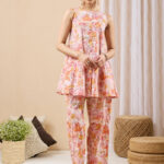 Light Pink Pure Cotton Floral Printed A-Line Cord Set