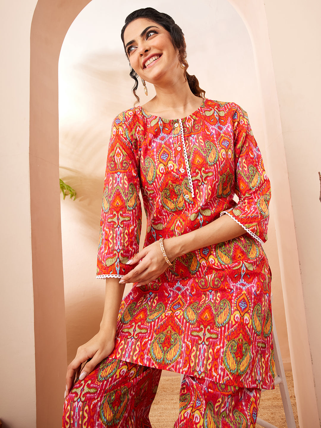 JAA26CD03691_1.jpg Multi Pure Cotton Ikkat Printed Straight Cord Set - Image 1