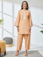 Beige Linen Cotton Embroidered A-Line Cord Set