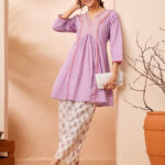 Lavender Pure Cotton Yoke Embroidered A-Line Cord Set