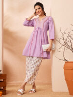 Lavender Pure Cotton Yoke Embroidered A-Line Cord Set