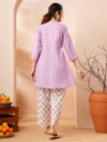 Lavender Pure Cotton Yoke Embroidered A-Line Cord Set - Image 3