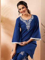 Blue Pure Cotton Yoke Embroidered Straight Cord Set