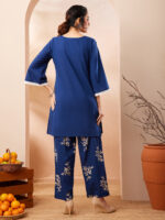 Blue Pure Cotton Yoke Embroidered Straight Cord Set - Image 3