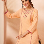 Peach Pure Cotton Yoke Embroidered Straight Cord Set