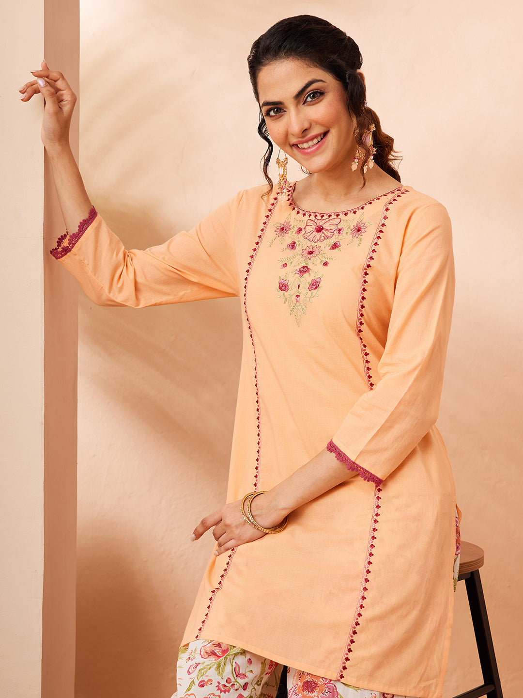 JAA26CD03757_1.jpg Peach Pure Cotton Yoke Embroidered Straight Cord Set - Image 1
