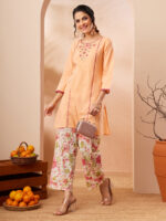 Peach Pure Cotton Yoke Embroidered Straight Cord Set - Image 2