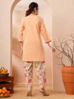 Peach Pure Cotton Yoke Embroidered Straight Cord Set - Image 3