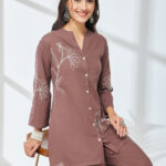 Brown Pure Cotton Embroidered A-Line Cord Set