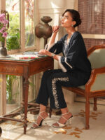 Navy Blue Pure Cotton Yoke Embroidered Straight Cord Set - Image 2