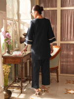 Navy Blue Pure Cotton Yoke Embroidered Straight Cord Set - Image 3