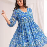 Blue Georgette Floral Printed A-Line Cord Set