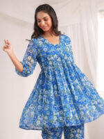 Blue Georgette Floral Printed A-Line Cord Set