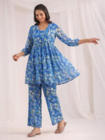 Blue Georgette Floral Printed A-Line Cord Set - Image 2