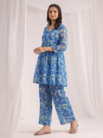 Blue Georgette Floral Printed A-Line Cord Set - Image 3