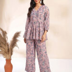 Baby Pink Georgette Floral Printed A-Line Cord Set
