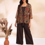 Brown Chiffon Solid Shoulder Strap Crop Top with Trouser Floral Printed Shrug