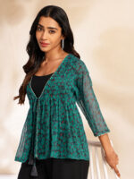 Navy Blue Chiffon Solid Shoulder Strap Crop Top with Trouser Floral Printed Shrug