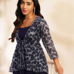 Black Chiffon Solid Shoulder Strap Crop Top with Trouser Floral Printed Shrug