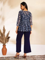 Black Chiffon Solid Shoulder Strap Crop Top with Trouser Floral Printed Shrug - Image 3