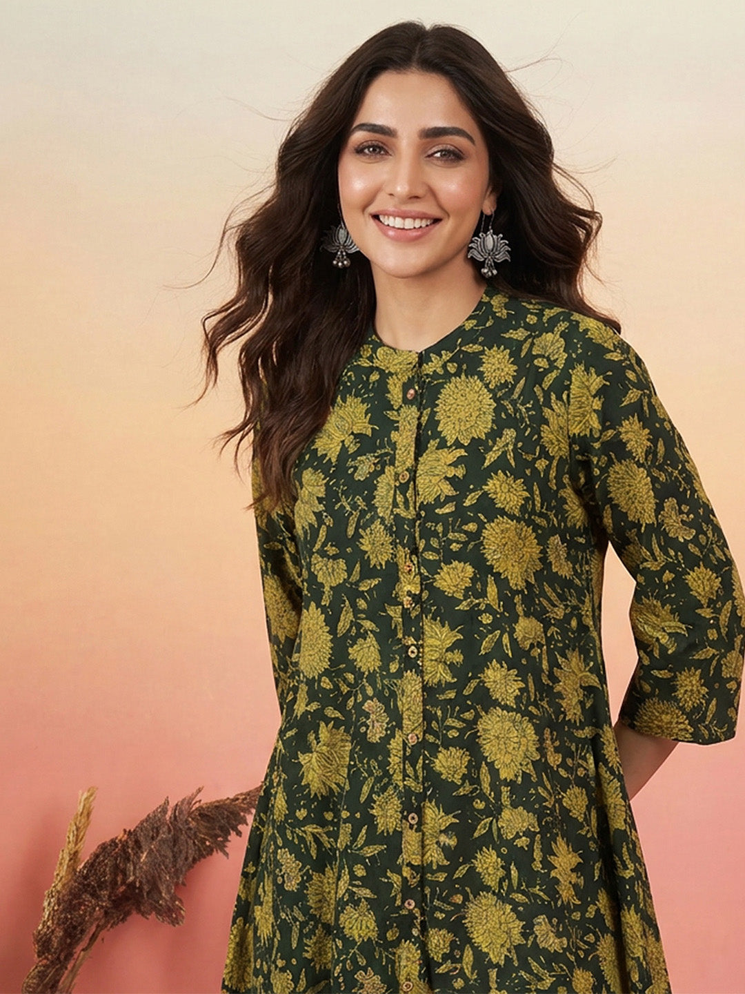 JAA26TU03612_1.jpg Dark Green Pure Cotton Floral Printed A-Line Flared Short Kurti - Image 1
