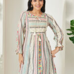 Cream Pure Cotton Floral Printed A-Line Short Kurti