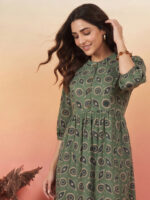 Green Pure Cotton Geometric Printed A-Line Short Kurti