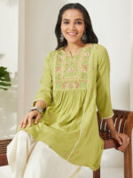 Lime Green Rayon Yoke Embroidered A-Line Short Kurti