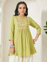Lime Green Rayon Yoke Embroidered A-Line Short Kurti - Image 2