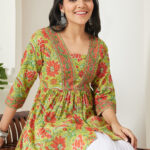 Lime Green Pure Cotton Floral Printed A-Line Short Kurti