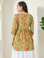 Lime Green Pure Cotton Floral Printed A-Line Short Kurti - Image 3