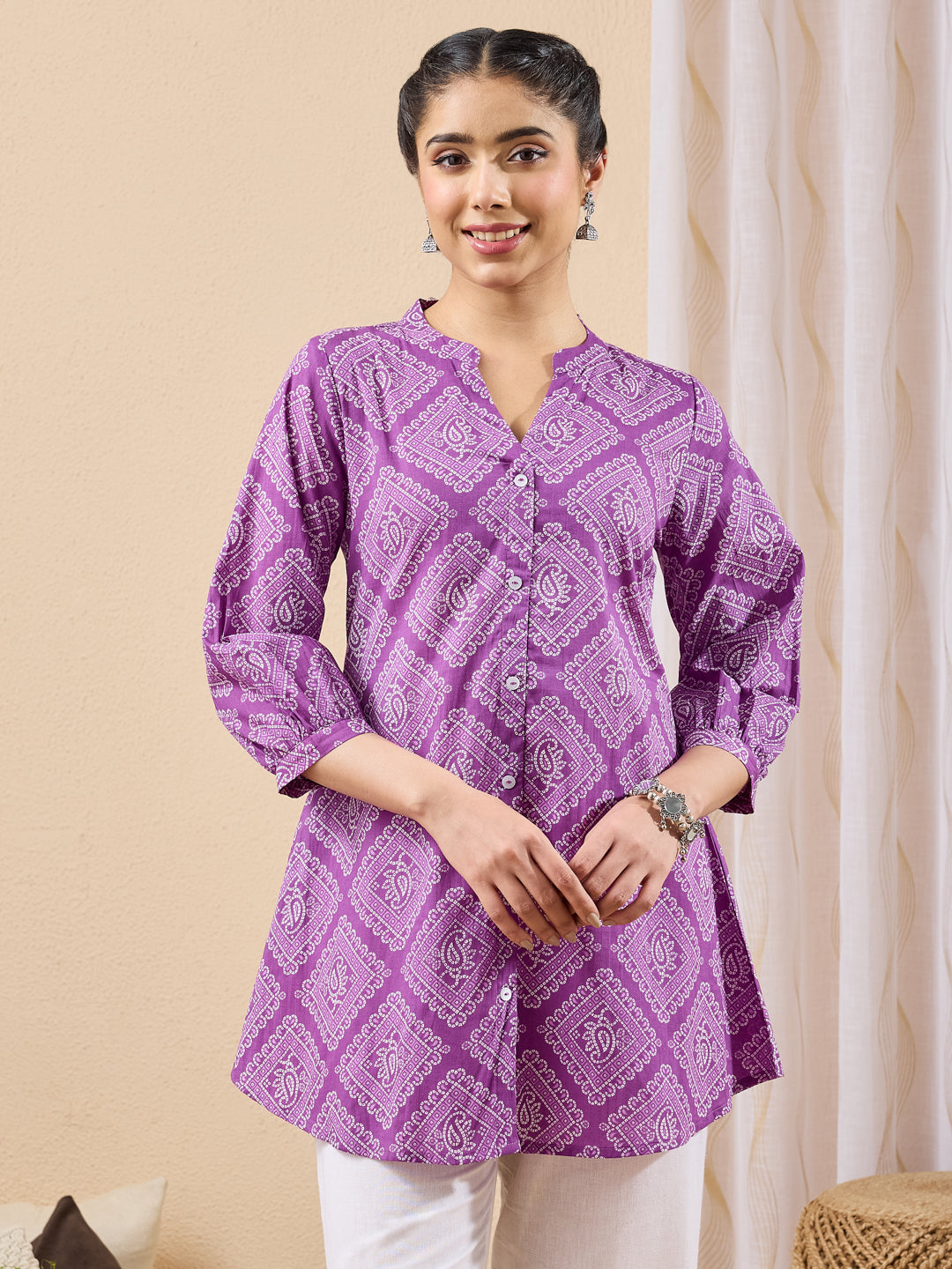 JAA26TU04043_1.jpg Purple Pure Cotton Bandhani Printed A-Line Short Kurti - Image 1
