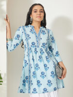 Light Blue Pure Cotton Floral Printed A-Line Short Kurti - Image 2