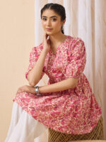 Pink Pure Cotton Floral Printed A-Line Short Kurti