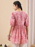 Pink Pure Cotton Floral Printed A-Line Short Kurti - Image 3