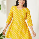 Yellow Pure Cotton Ethnic Motifs Printed A-Line Short Kurti
