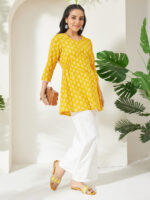 Yellow Pure Cotton Ethnic Motifs Printed A-Line Short Kurti - Image 2