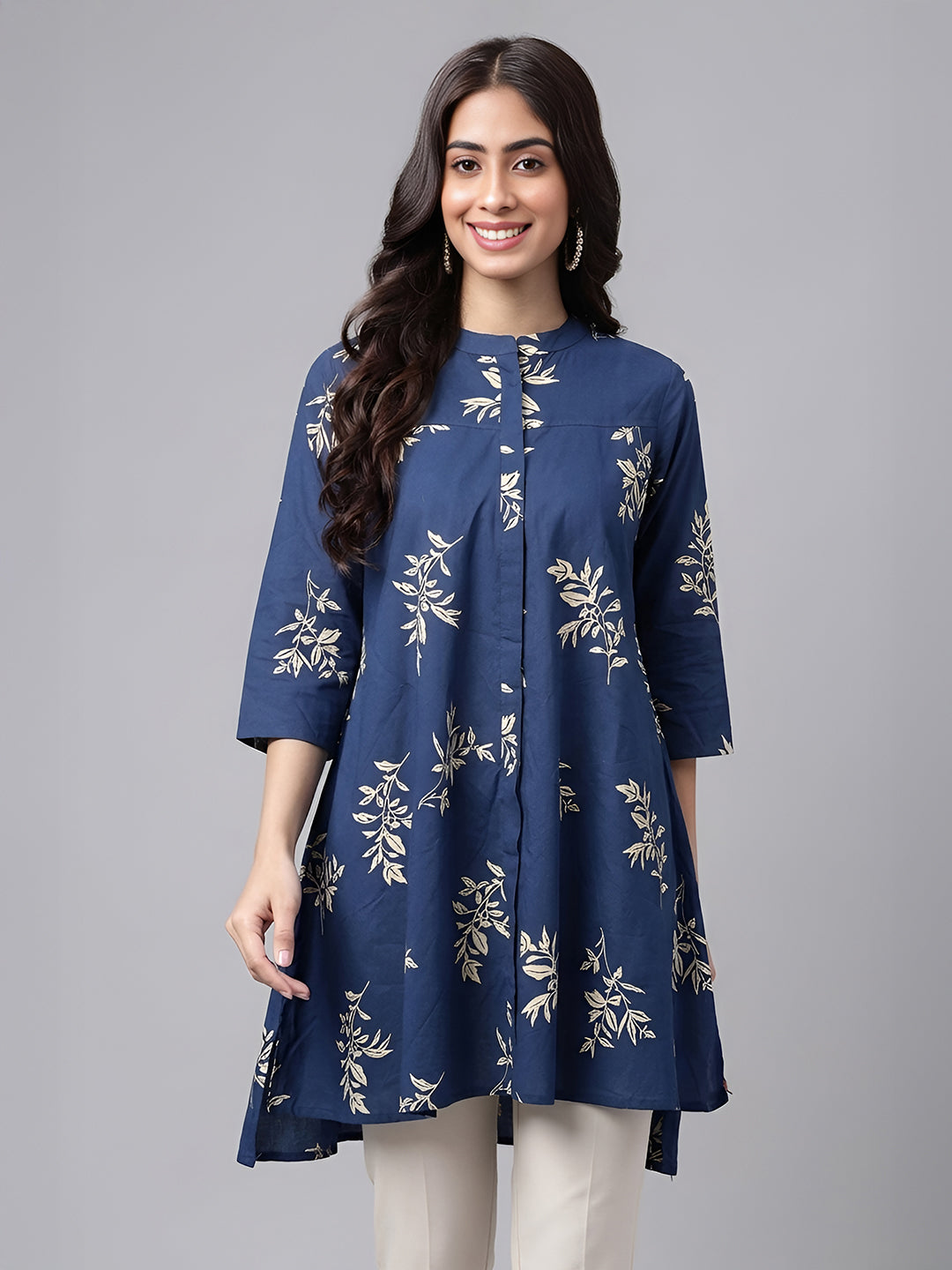 JAA26TU04289_1.jpg Navy Blue Pure Cotton Floral Printed A-Line Short Kurti - Image 1