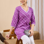 Purple Pure Cotton Bandhani Printed Straight Short Kurti