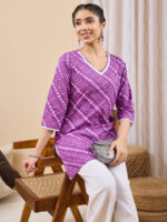 Purple Pure Cotton Bandhani Printed Straight Short Kurti