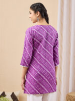 Purple Pure Cotton Bandhani Printed Straight Short Kurti - Image 3