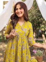 Mustard Yellow Pure Cotton Floral Printed Wrap A-Line Short Kurti - Image 2