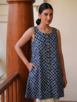 Blue Pure Cotton Geometric Printed A-Line Short Kurti